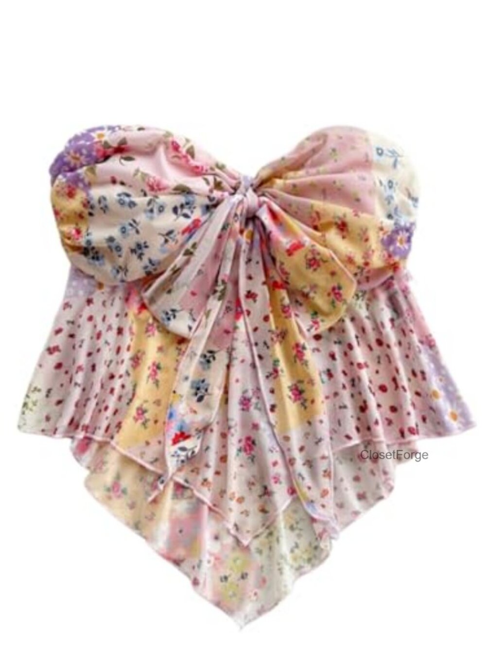 Floral Print Strapless Tie Front Crop Tube Top Ruched Asymmetrical Bandeau Top